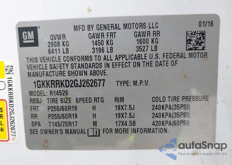 2016 GMC Acadia Slt-1 from USA, damaged, VIN 1GKKRRKD2GJ262677